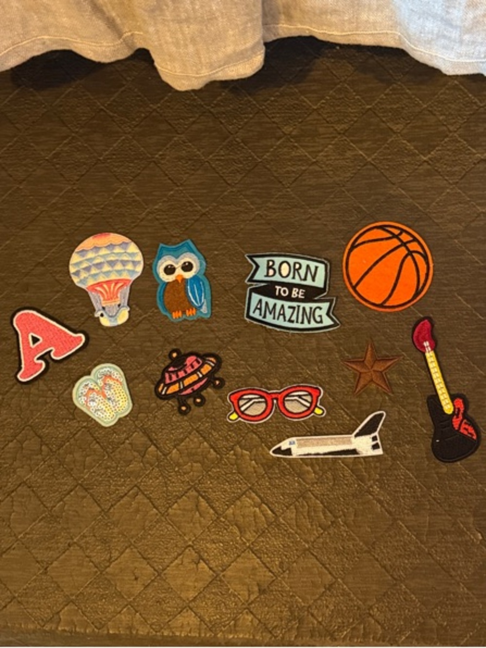 Assorted Iron-On Patches - Owl, Hot Air Balloon, Guitar, Basketball